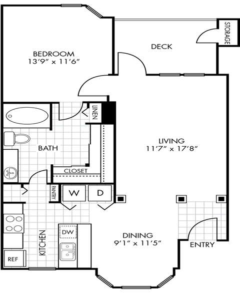 One Bedroom One Bathroom Floorplan 796